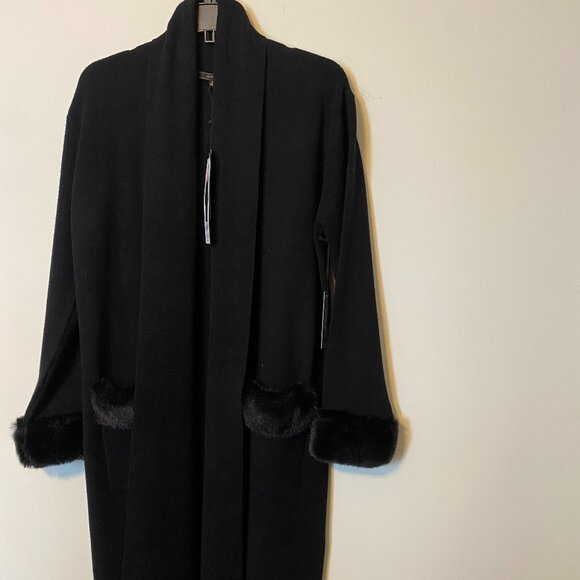NWT!! MAX SPORT Black w/Fur Trim Long Open Duster/Cardigan Sweater Sz L - Picture 2 of 3